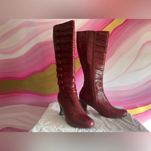 Miz Mooz Deep Red Button Detail Heeled Boots - Picture 11 of 16